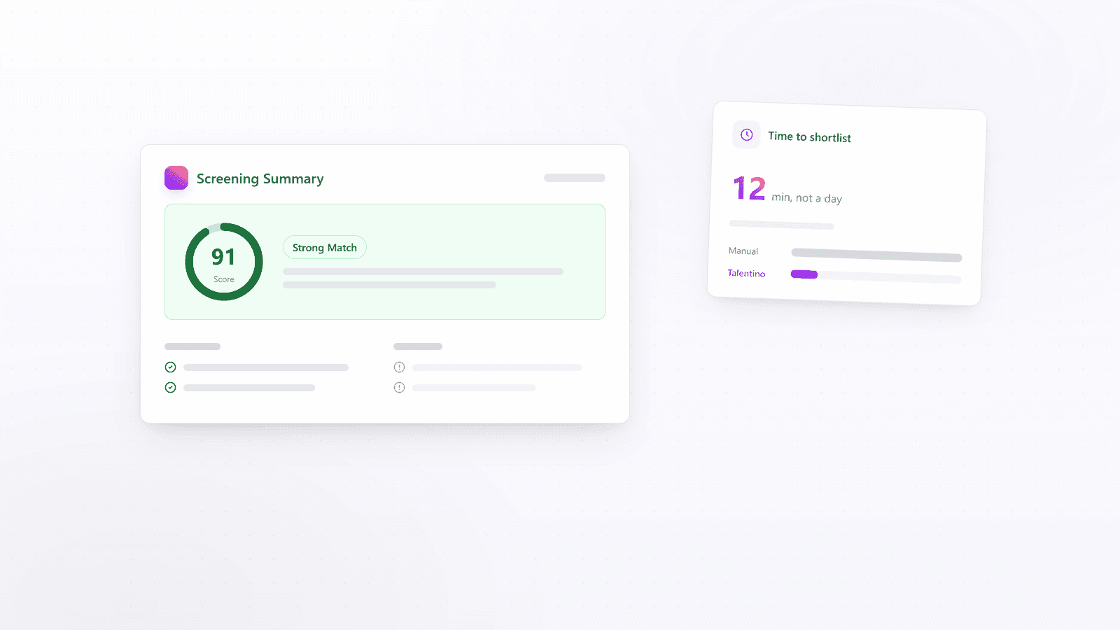 AI-powered HR screening illustration showing a clock and ranked candidate cards representing time savings and automated candidate scoring for small businesses
