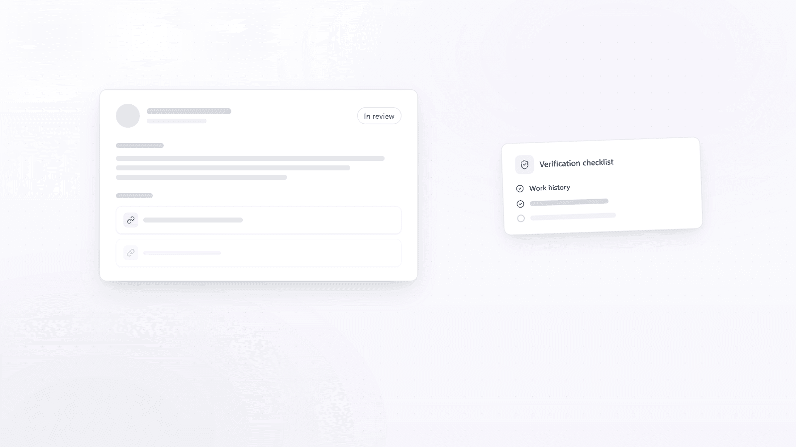 Illustration: a resume card marked In review beside a verification checklist with work history checked and one item still open